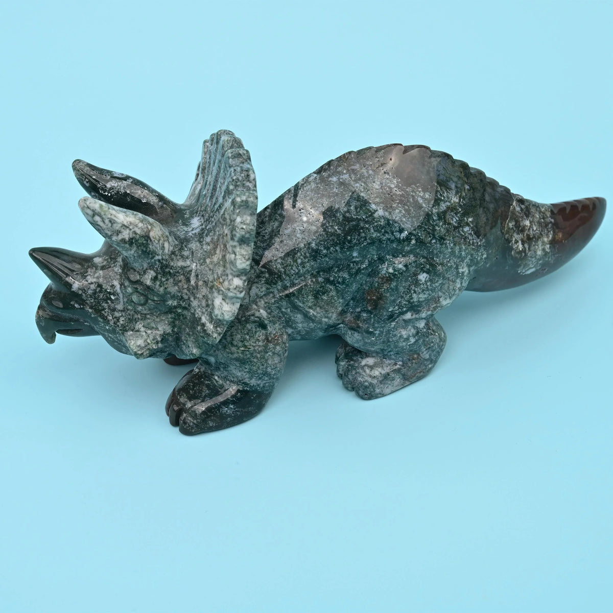 Indian Agate Triceratops with detailed frill, horns and hide carving.