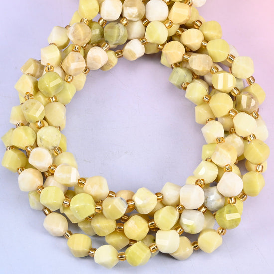 Natural lemon jade beads in an 8mm faceted spiral twist cut
