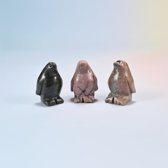 Three rhodonite penguin crystal carvings, 1.5 inch, pink and black natural stone