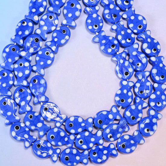 Blue White Dot Fish Glass Beads 19x12mm, hole approximately 1.2mm