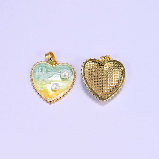 Enamel Heart Pendants shown front and back, one green enamel face beside the plain textured gold plated reverse.