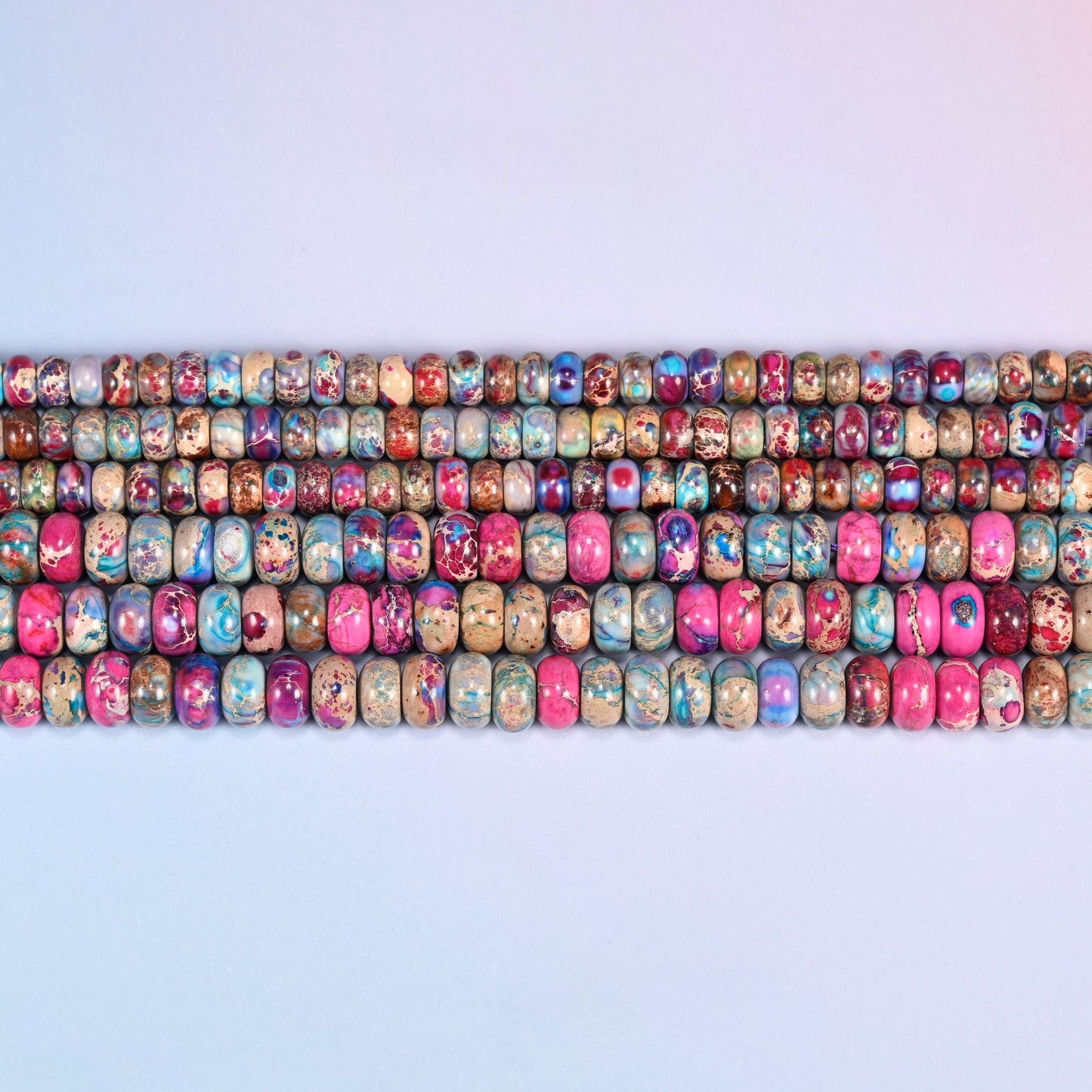 Purple Dyed Sea Sediment Jasper Rondelle Beads in magenta, orchid purple, sky blue and dusty rose