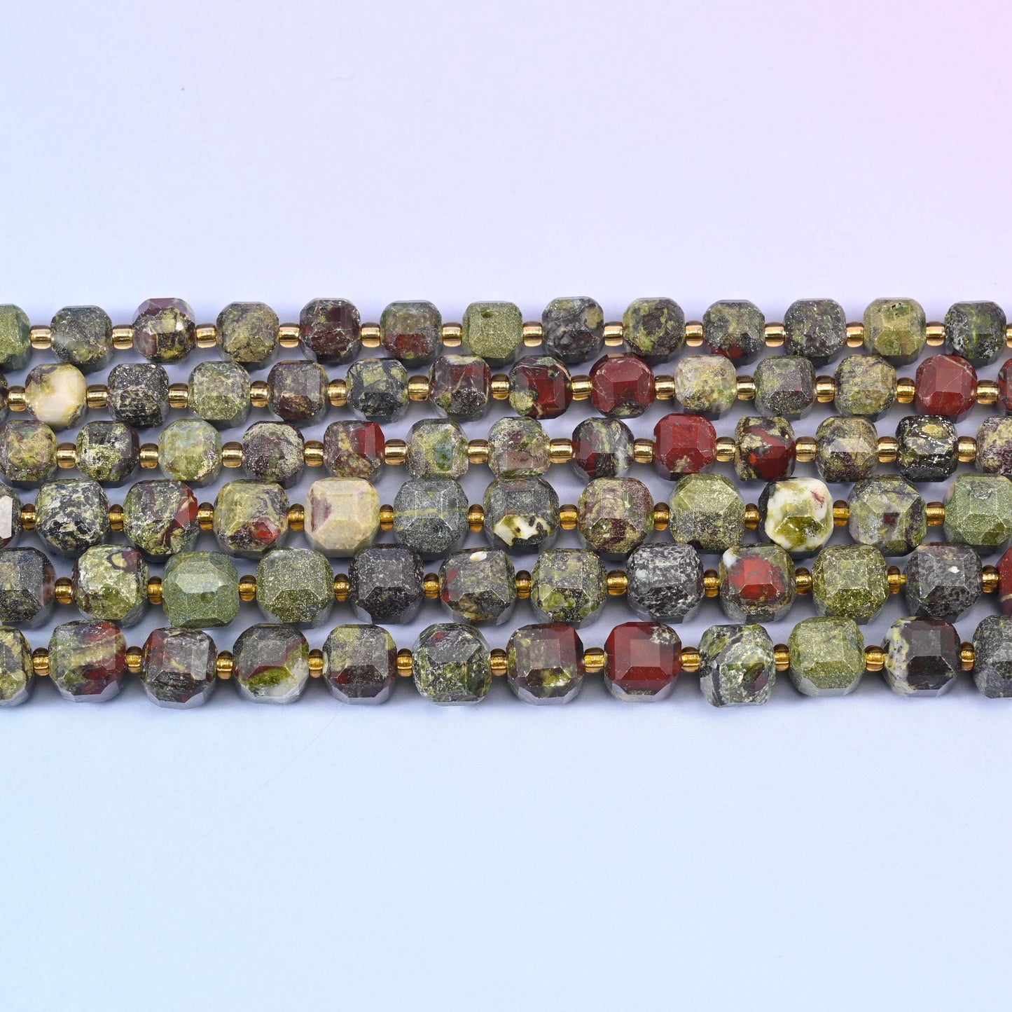 Dragon Bloodstone beads in khaki and olive green with brick-red patches