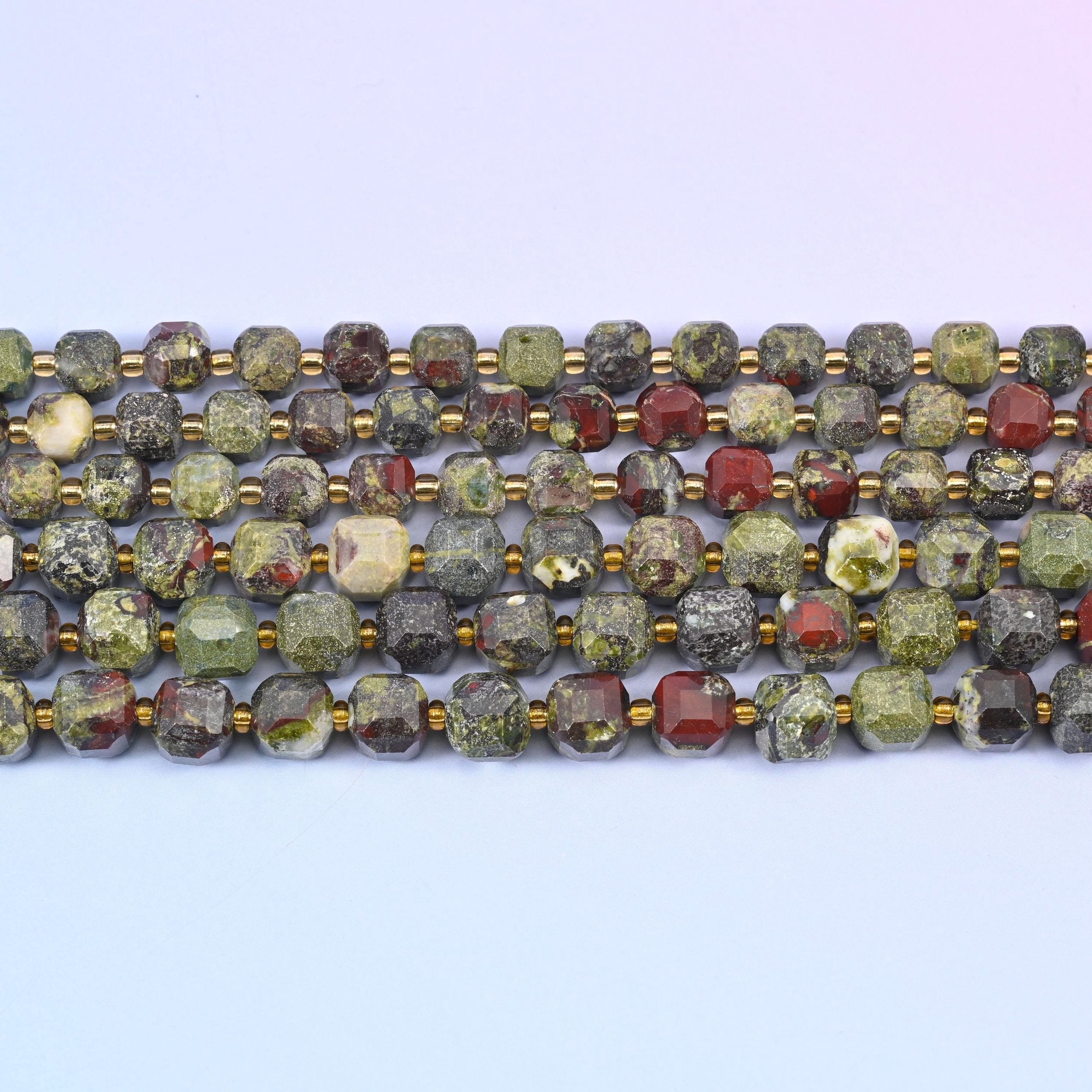 Dragon Bloodstone beads in khaki and olive green with brick-red patches