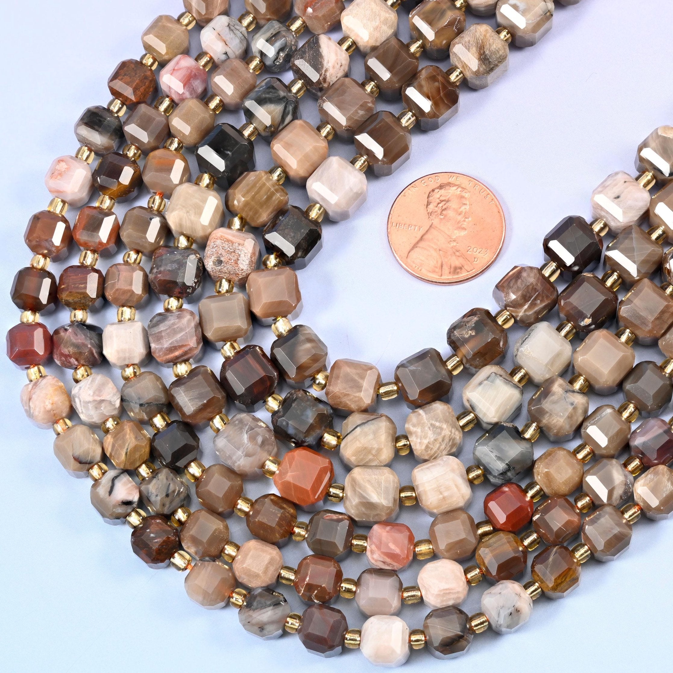 Faceted cube cut Petrified Wood beads