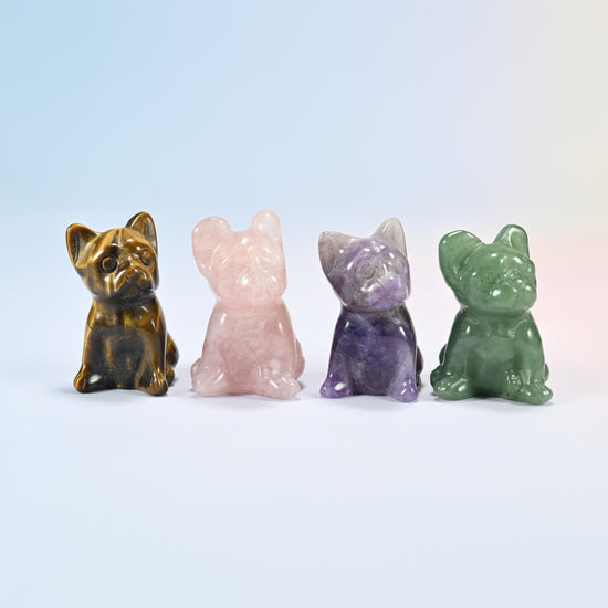 Four 1.5 inch French bulldog crystal carvings in natural tiger eye, rose quartz, amethyst and green aventurine