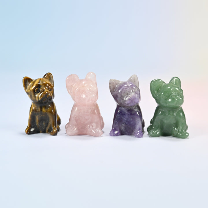 Four 1.5 inch French bulldog crystal carvings in natural tiger eye, rose quartz, amethyst and green aventurine