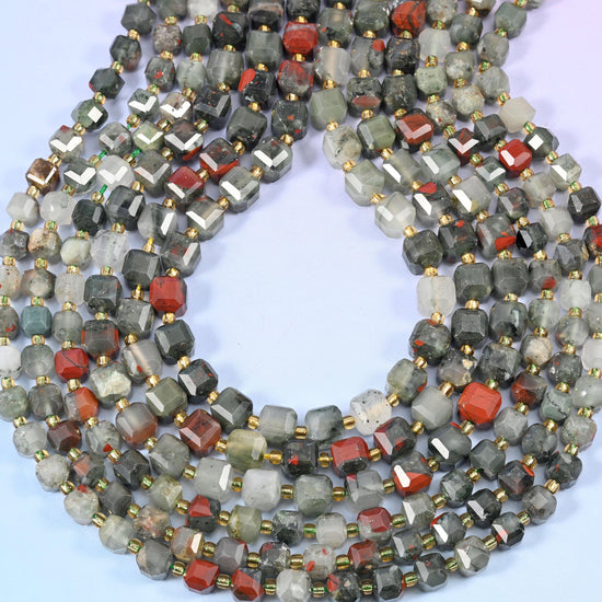 African Bloodstone Faceted Cube Beads 6mm 8mm, hole approximately 1.2mm, +/- 0.2mm, centre drilled