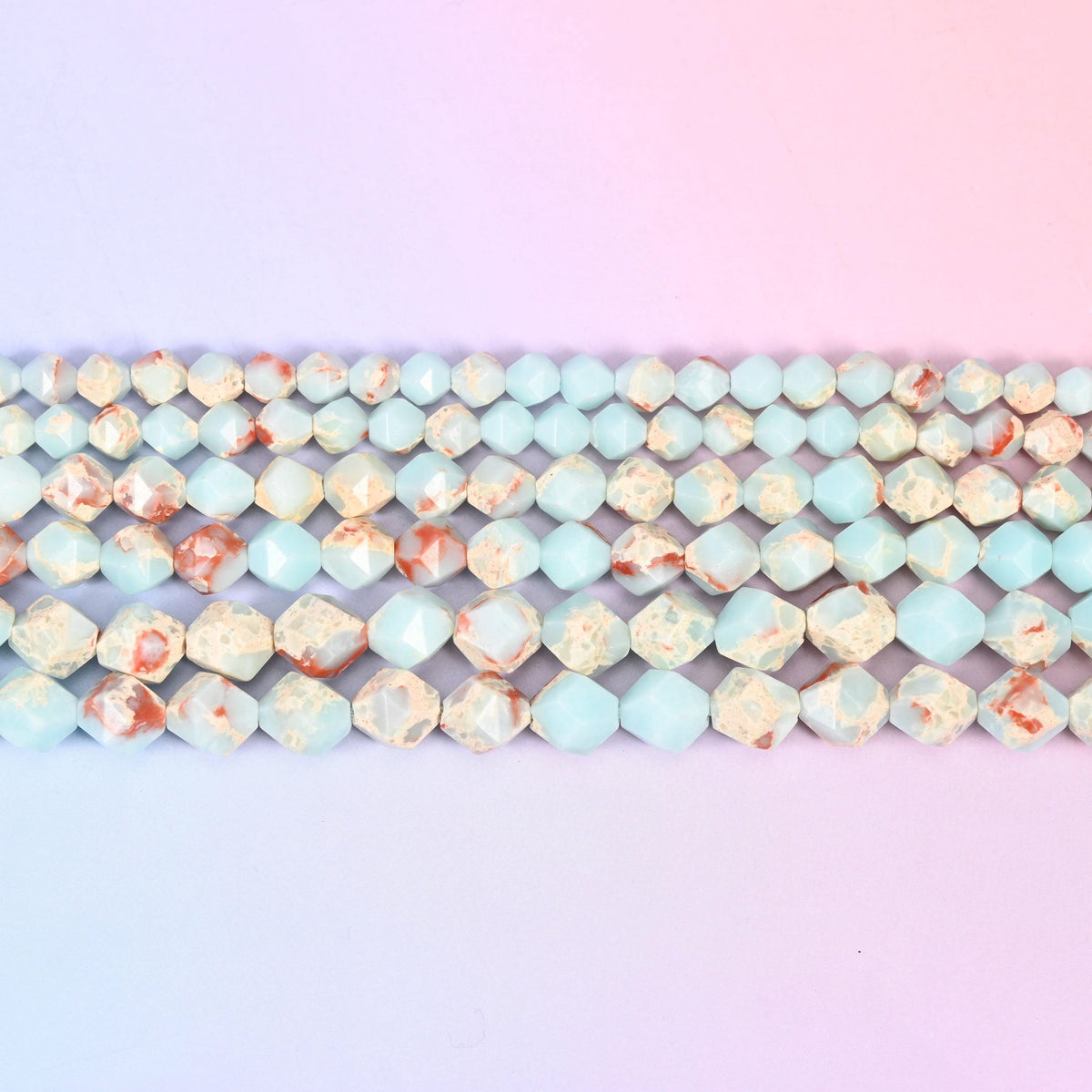 Blue Shoushan Stone Faceted Star Cut Beads 6mm 8mm 10mm in pale aqua blue with cream and rust orange mottling
