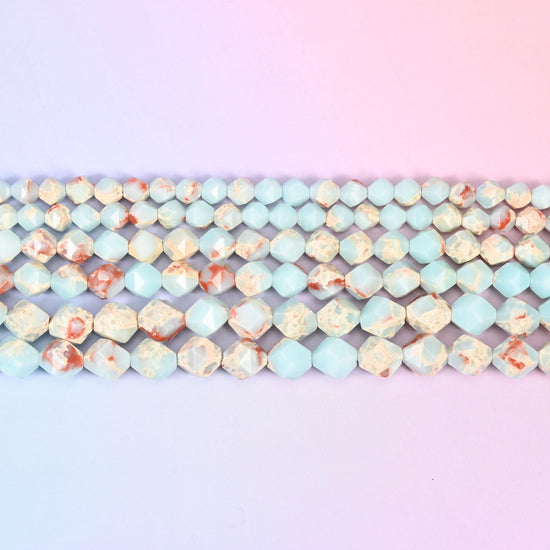 Blue Shoushan Stone Faceted Star Cut Beads 6mm 8mm 10mm in pale aqua blue with cream and rust orange mottling