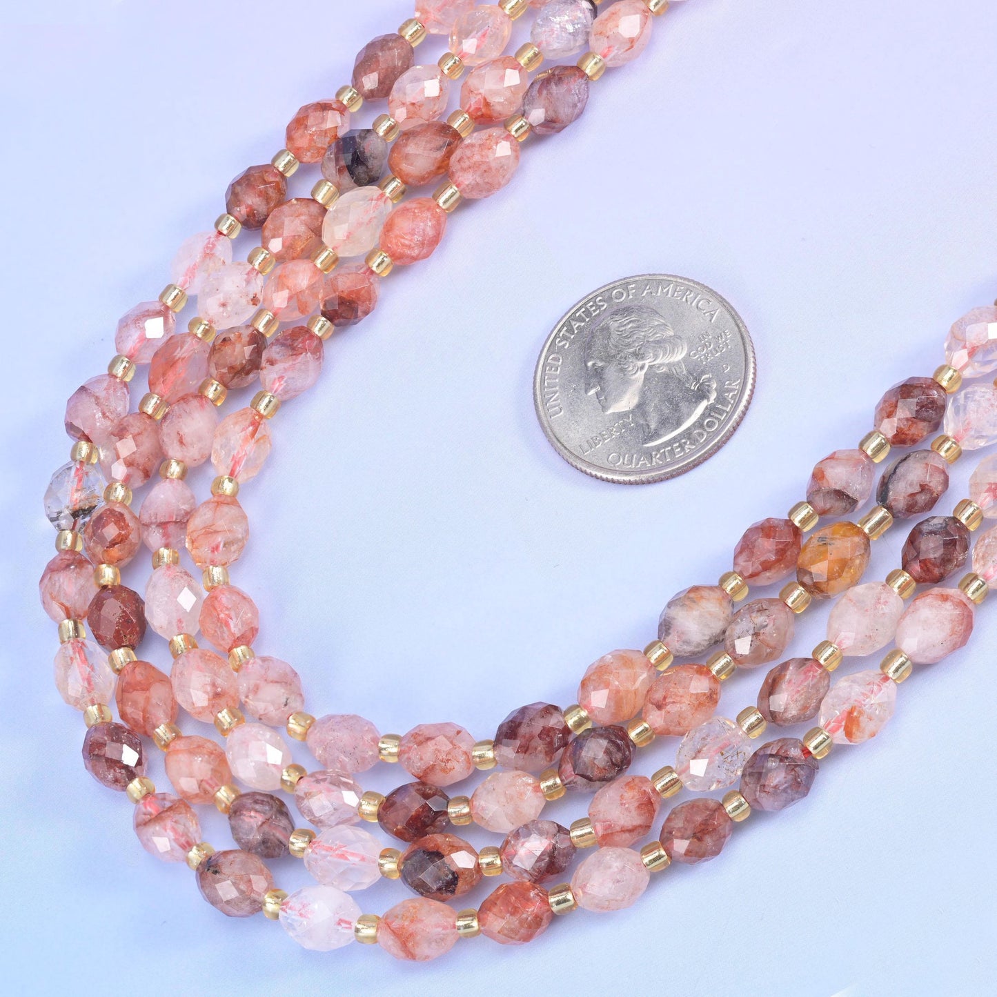 Red Hematoid Faceted Rice Barrel Beads in blush pink and smoky clear quartz with iron-red inclusions