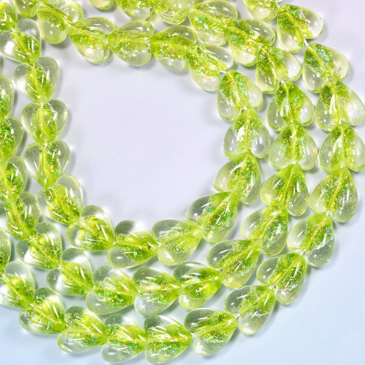 Iridescent Lime Green Heart Glass Beads, drill hole approximately 1.5mm