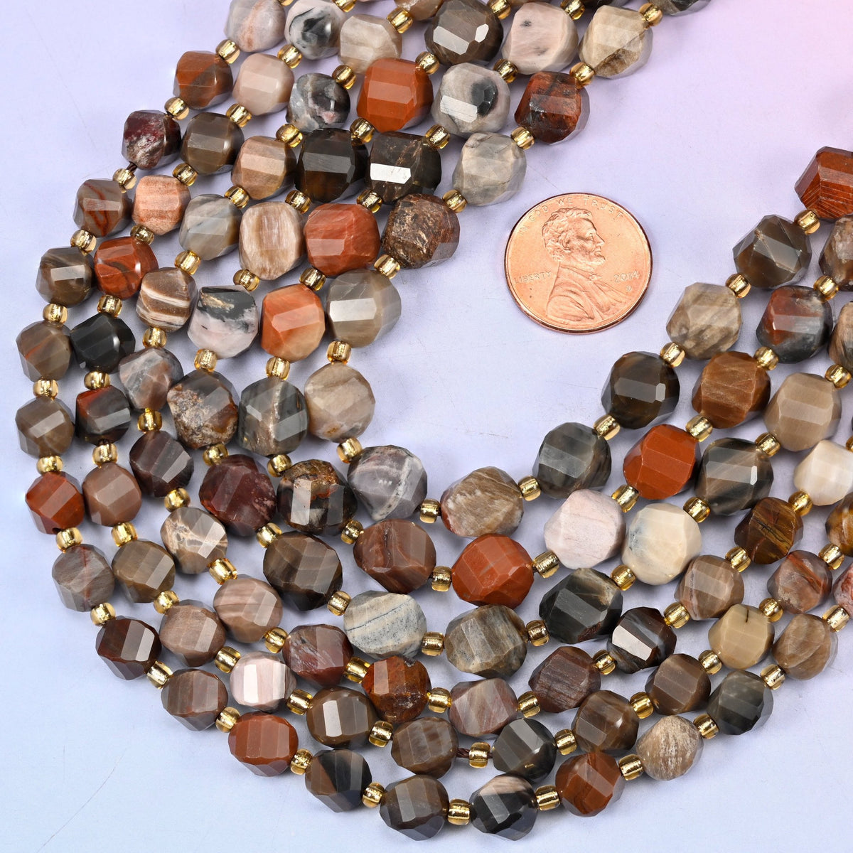 Faceted spiral twist cut Petrified Wood beads