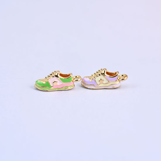 Green and light purple sneaker charms side by side, enamel over 18K gold plated brass.
