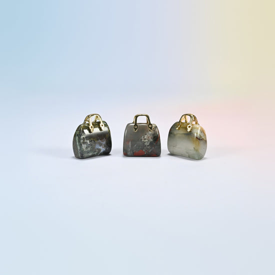 Three African bloodstone purse crystal carvings, 1 inch, dark green and gray natural stone with red spots, gold-tone handle