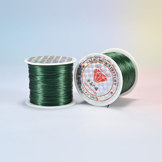 Two rolls of dark green 0.7-0.8mm elastic stretch string, glossy polyurethane bead cord with a holographic label