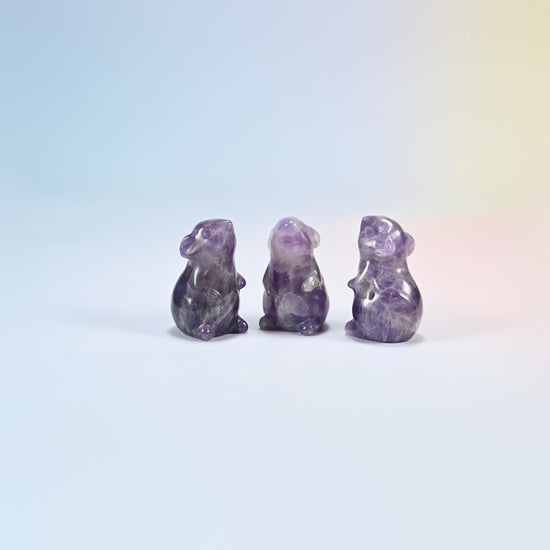 Three natural amethyst mouse crystal carvings, 1.5 inch, purple and white banded