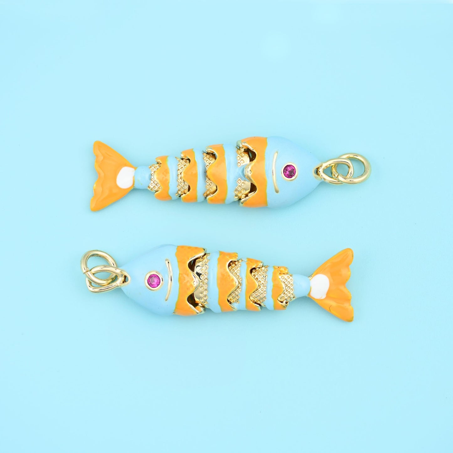 18K Gold Filled Enamel Articulated Fish Charm 34x9mm in sky blue and warm orange with gold detailing