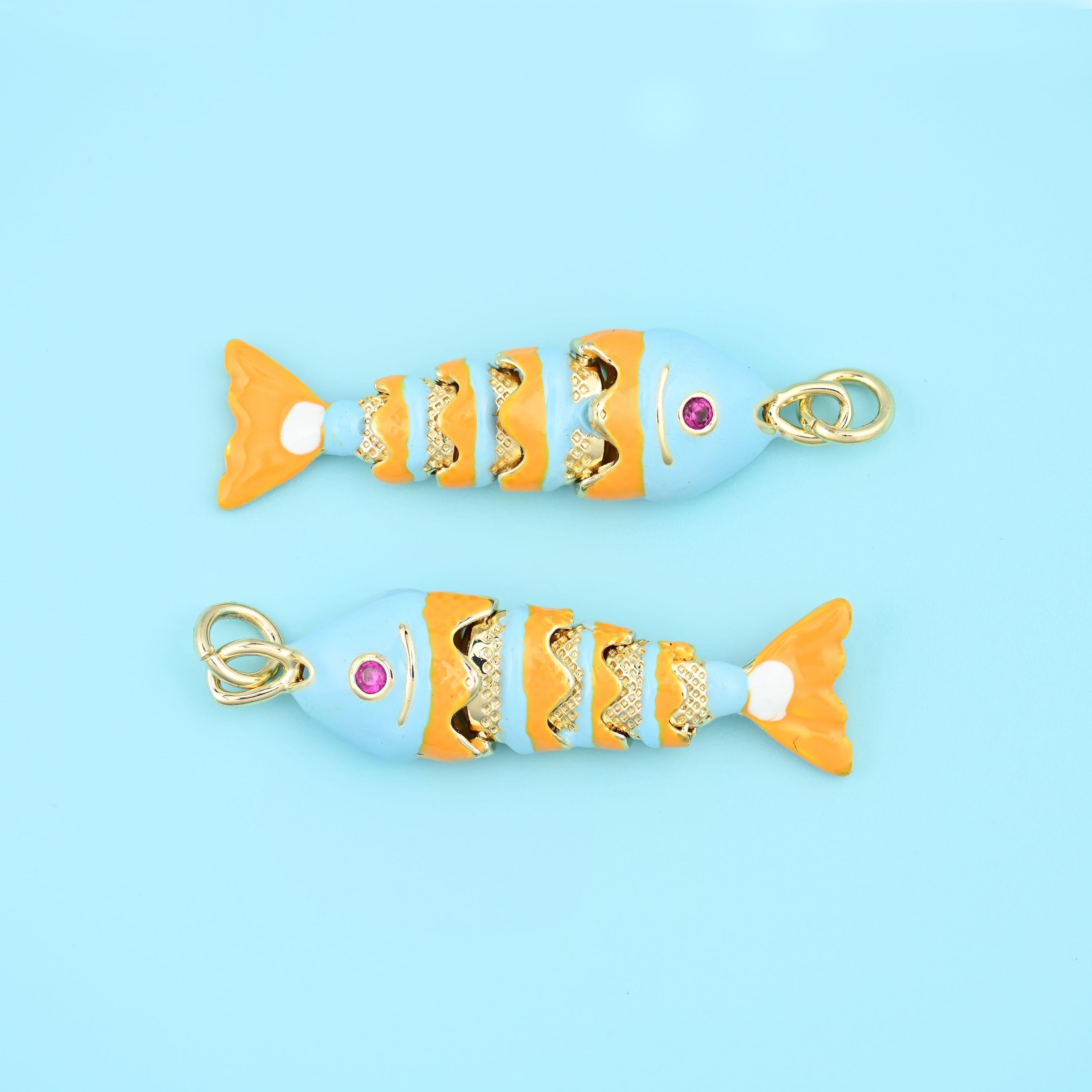 18K Gold Filled Enamel Articulated Fish Charm 34x9mm in sky blue and warm orange with gold detailing