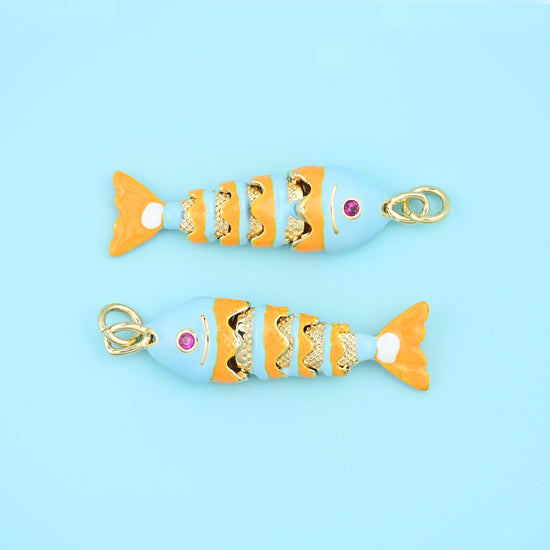 18K Gold Filled Enamel Articulated Fish Charm 34x9mm in sky blue and warm orange with gold detailing