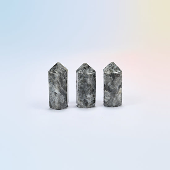 Three natural black labradorite small hexagon crystal points, gray and black