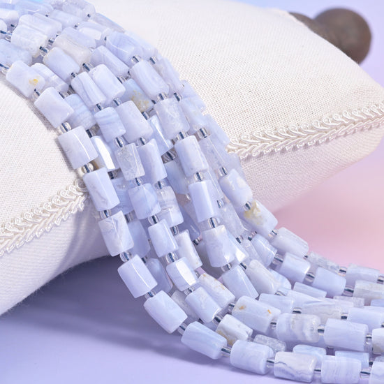 Blue Lace Agate Faceted Tube Beads, a sleek contemporary tube cylinder shape in a soft blue color.