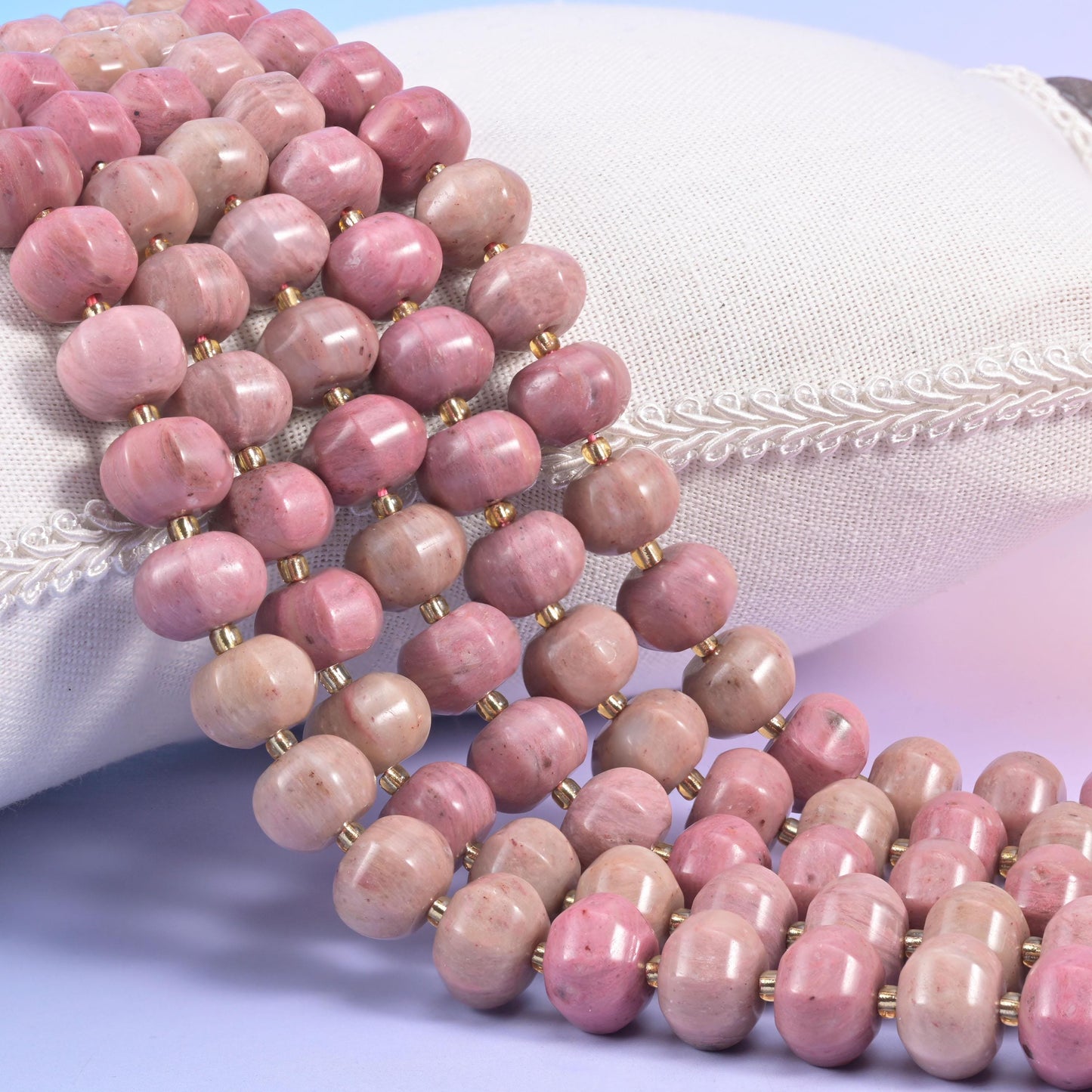 Pink Rhodonite Pumpkin Rondelle Beads, natural stone in warm mauve-pink