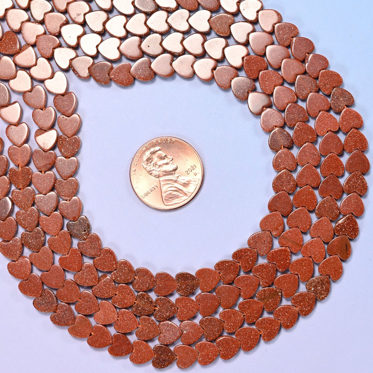 Gold Sandstone Flat Heart Beads, warm copper brown man-made glass packed with fine metallic flecks