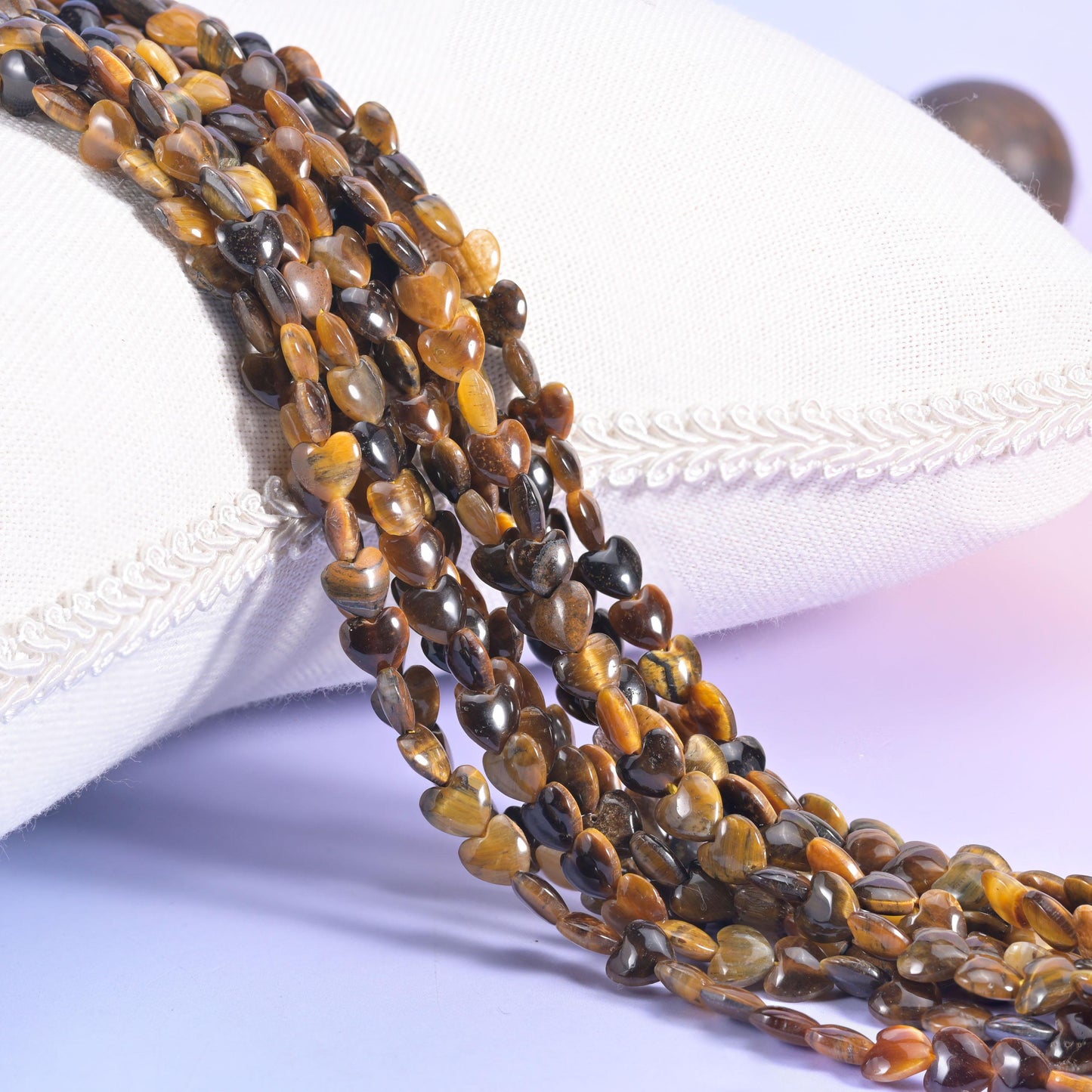 Tiger Eye Heart Beads 6mm, honey-gold and dark chocolate hearts with silky chatoyant banding
