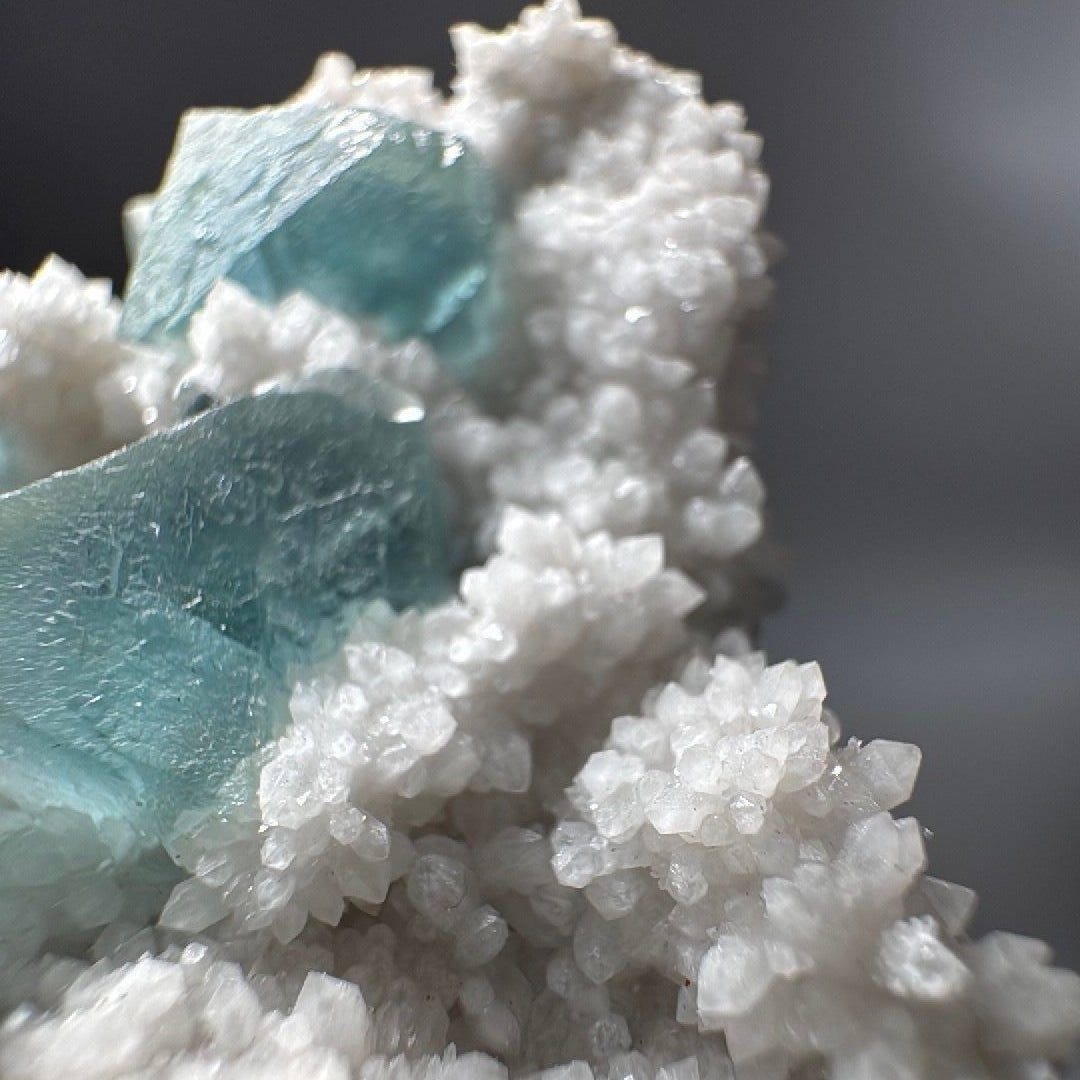 White Frosted Crystal with Blue Green Cubic Fluorite Specimen, sold per piece