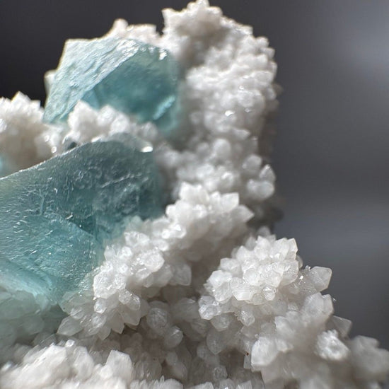 White Frosted Crystal with Blue Green Cubic Fluorite Specimen, sold per piece