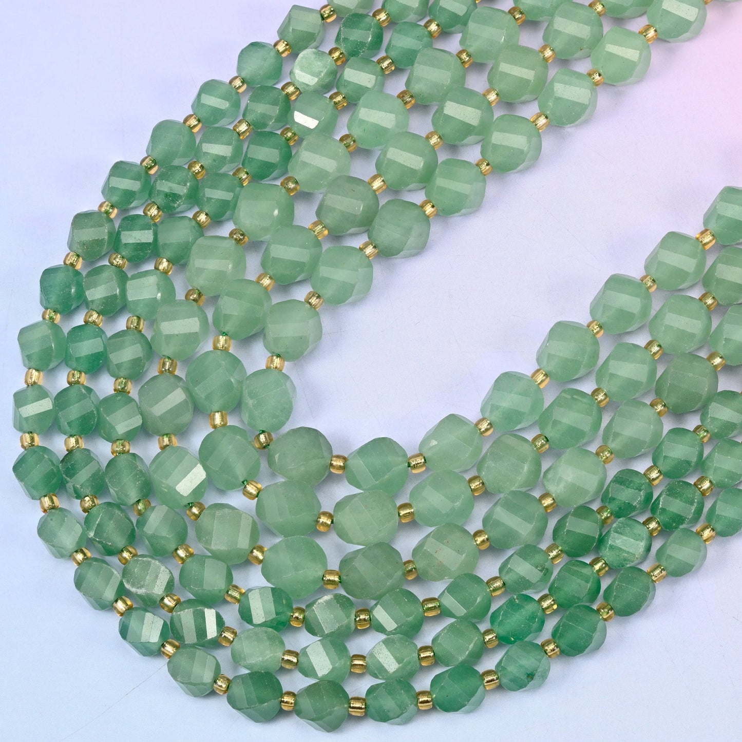 Green Aventurine Faceted Spiral Twist Beads, 15 inch strand