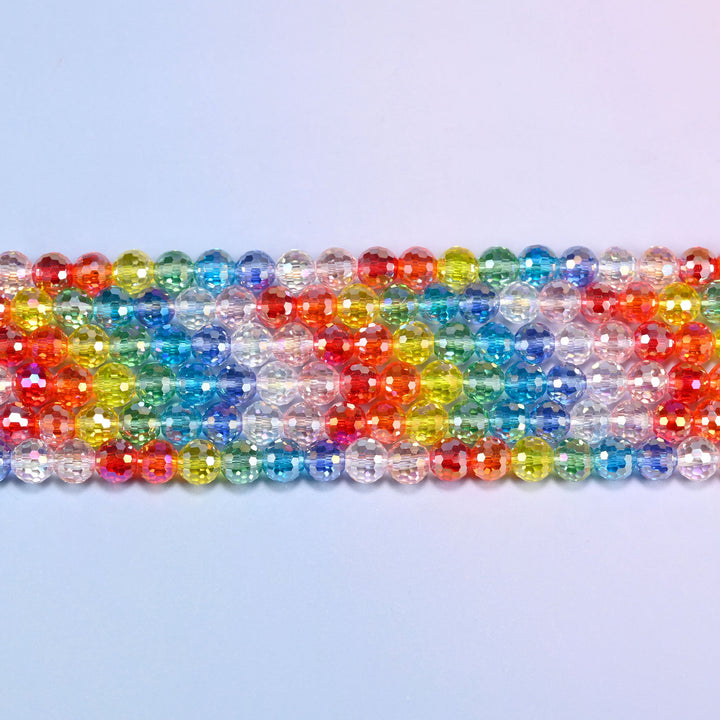 Colorful faceted round glass beads in straight rows, showing the faceted 8mm surface and the repeating color sequence