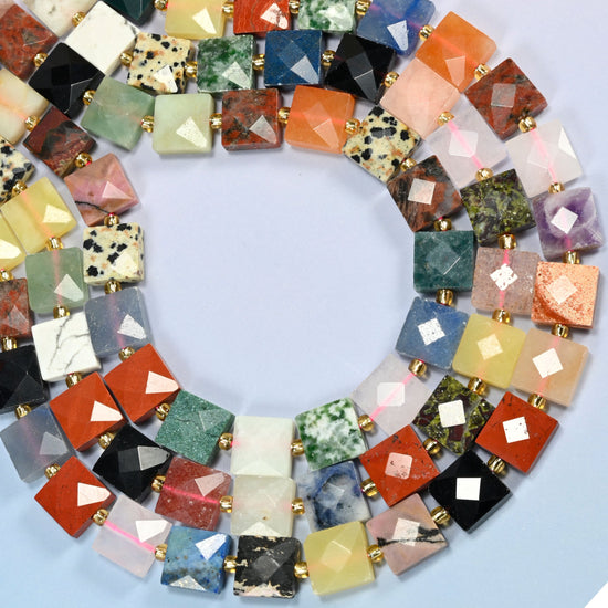 Assorted gemstone faceted flat square beads curved into an open loop, assorted stones in many colors