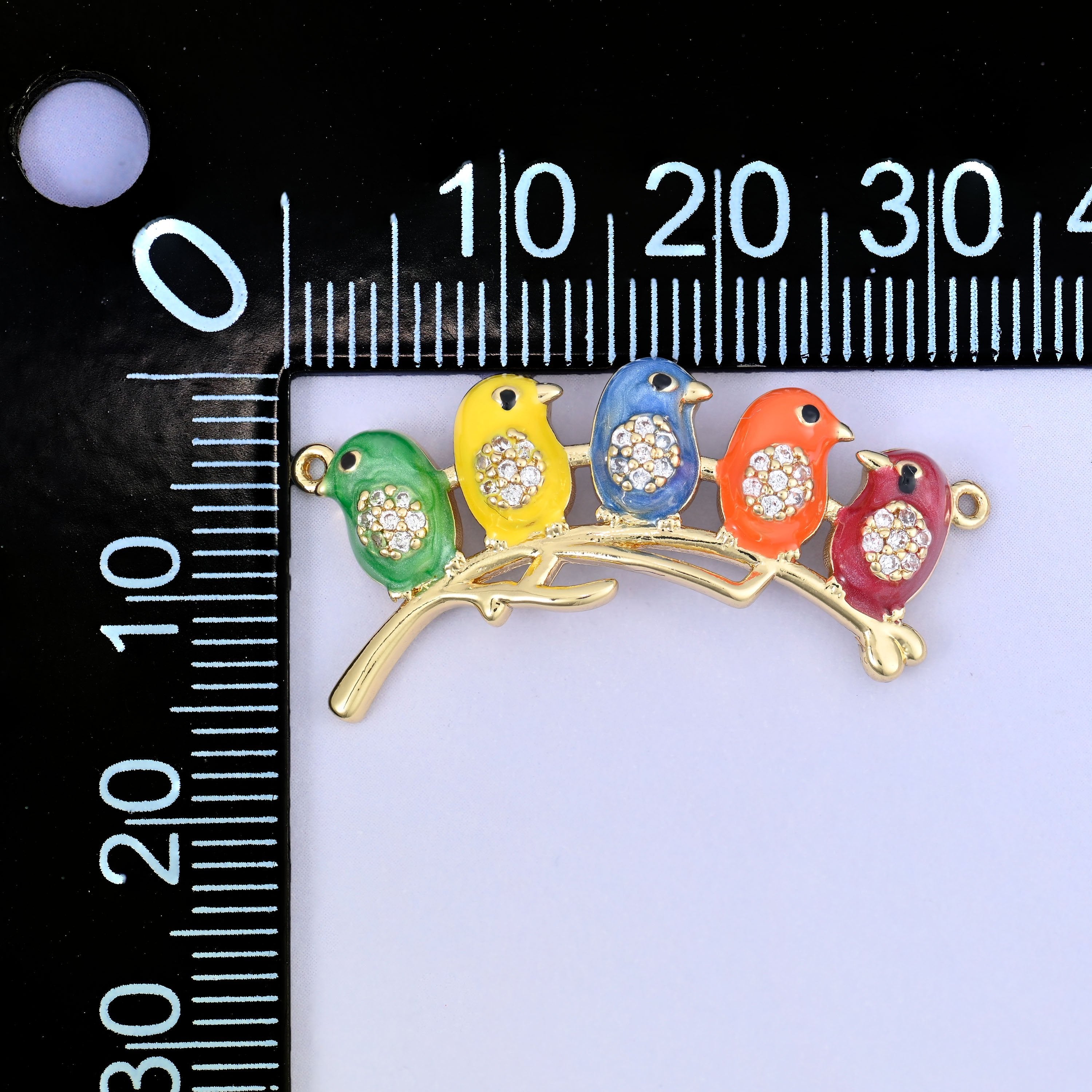 5 Birds on a Stick Double Connector Pendants, five enamel birds in green, yellow, blue, orange and red lined up along a curved gold branch