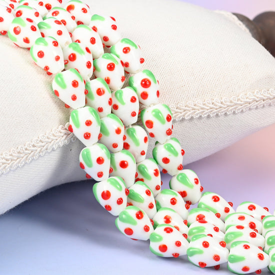 White Red Dots Strawberry Glass Beads