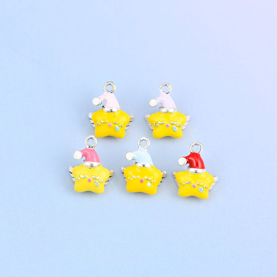 Five star charms with wings in a row, one in each hat color: light pink, light purple, red, light blue and pink.