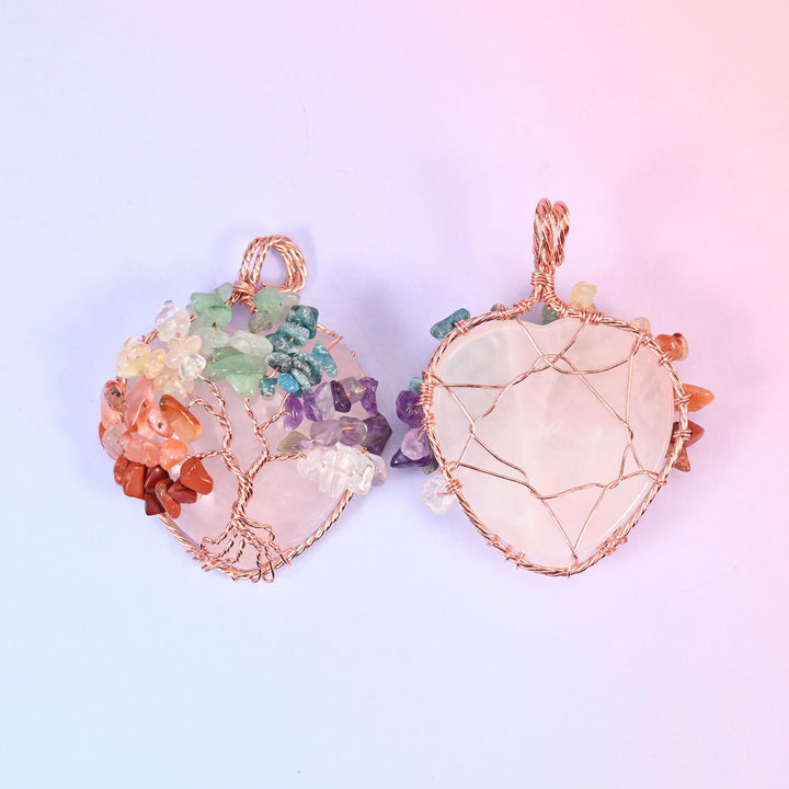 Heart gemstone tree of life pendant on rose quartz, front face beside the reverse showing the copper wire lattice.
