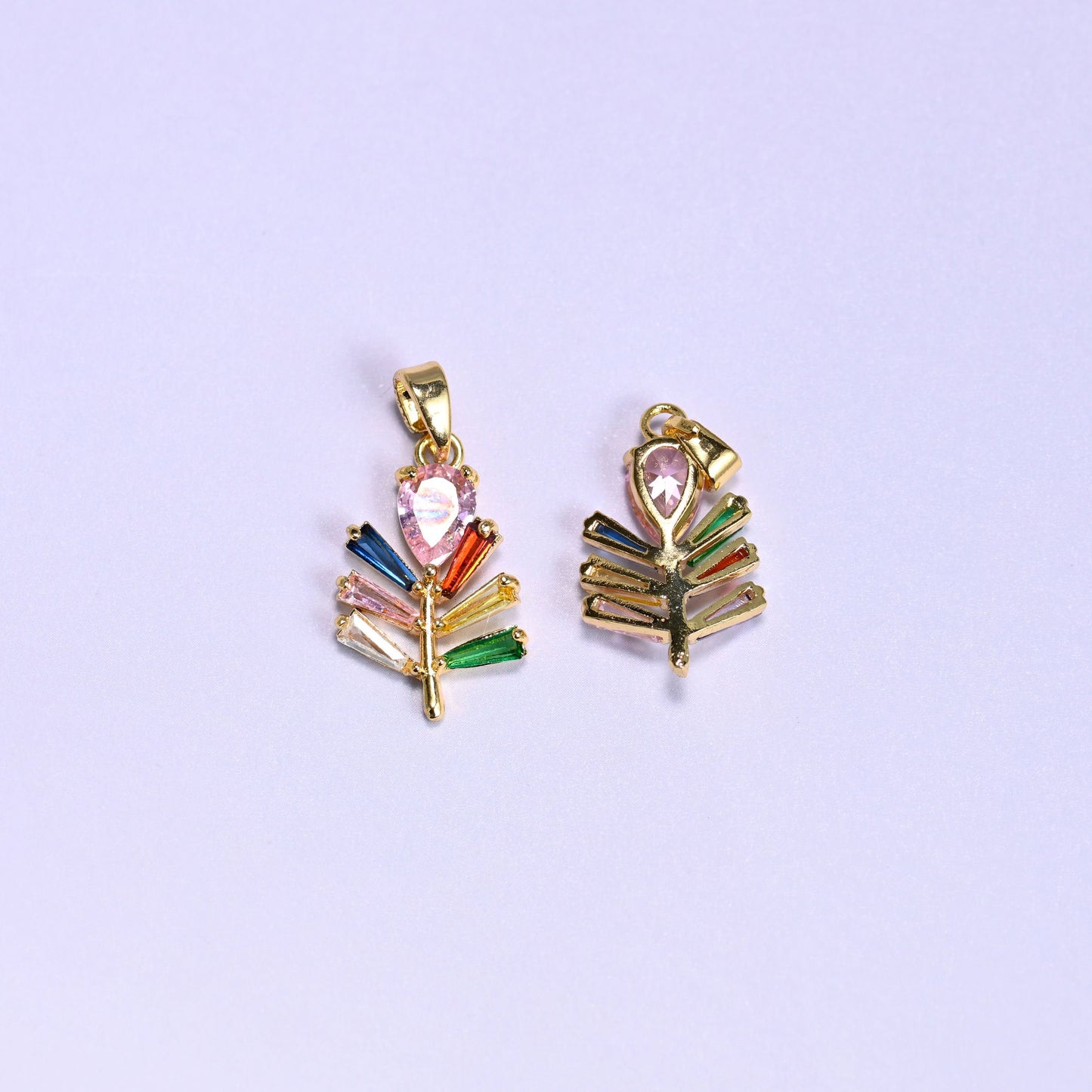 Multicolor Leaf Zircon Charms with a pear-cut pink zircon top