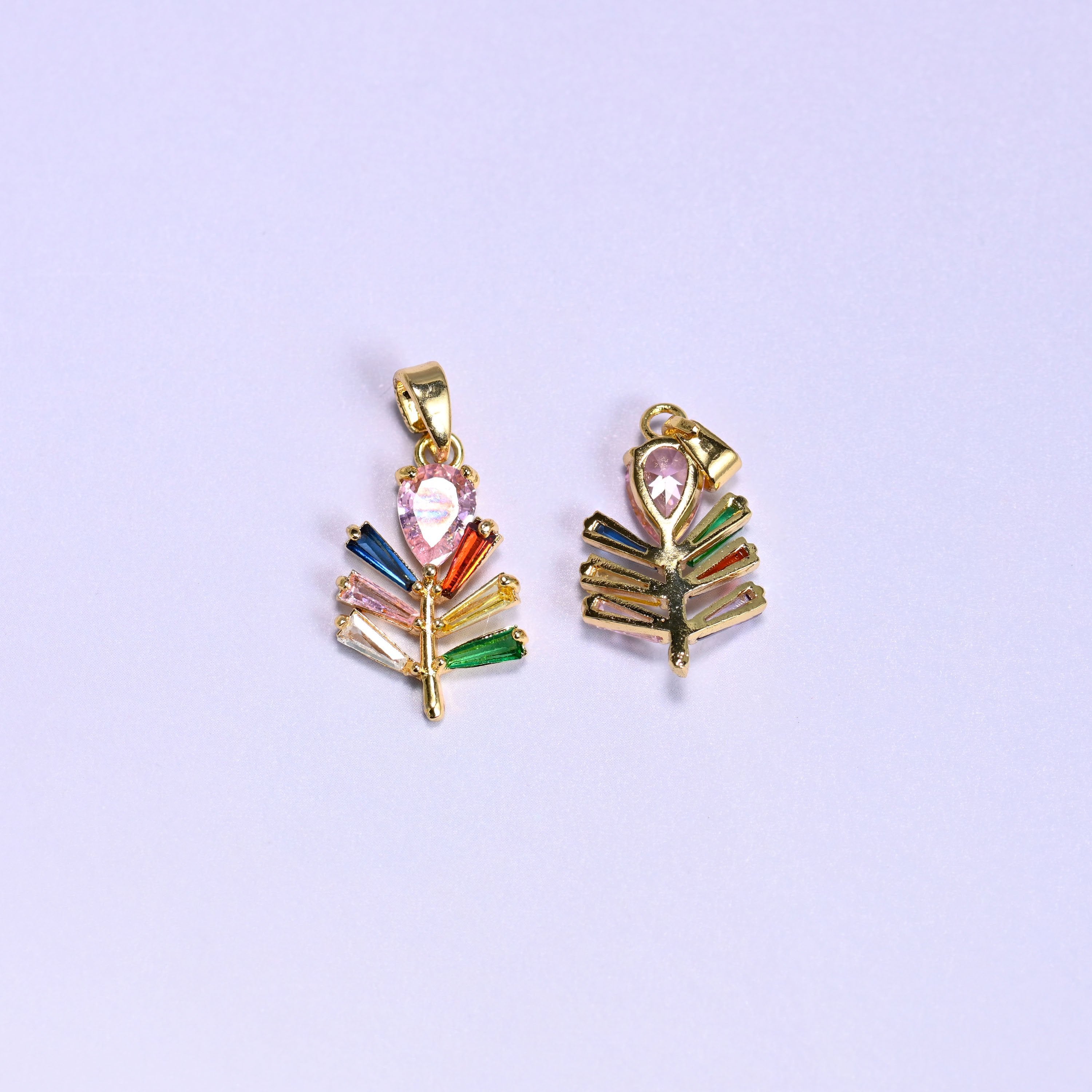 Multicolor Leaf Zircon Charms with a pear-cut pink zircon top