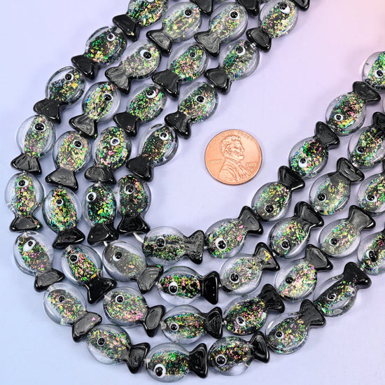 Iridescent Black Green Fish Glass Beads: Jewelry Making Supply