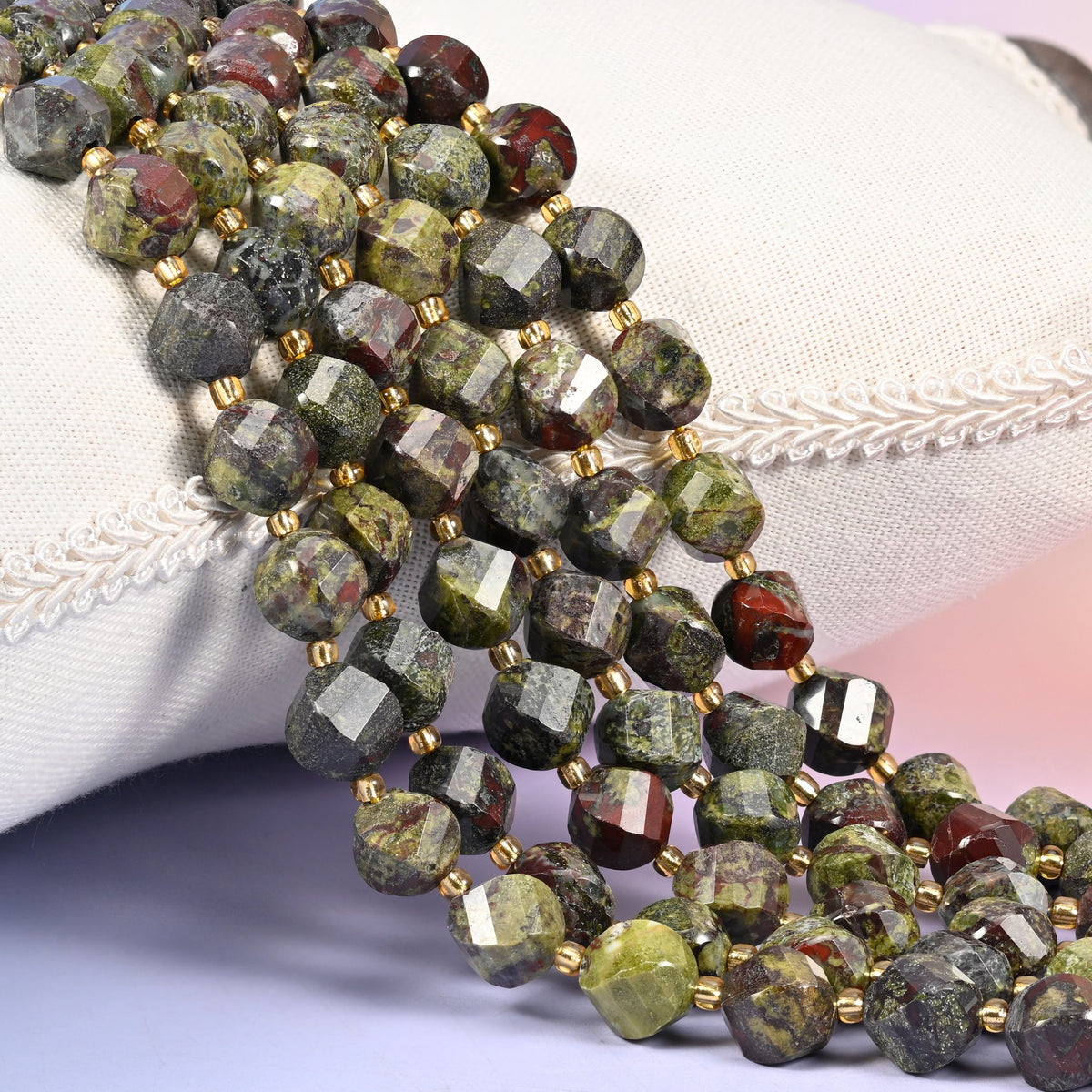 Dragon Bloodstone natural stone beads, 10mm faceted spiral twist, moss and olive green broken by deep red patches