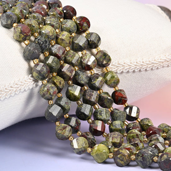 Dragon Bloodstone natural stone beads, 10mm faceted spiral twist, moss and olive green broken by deep red patches