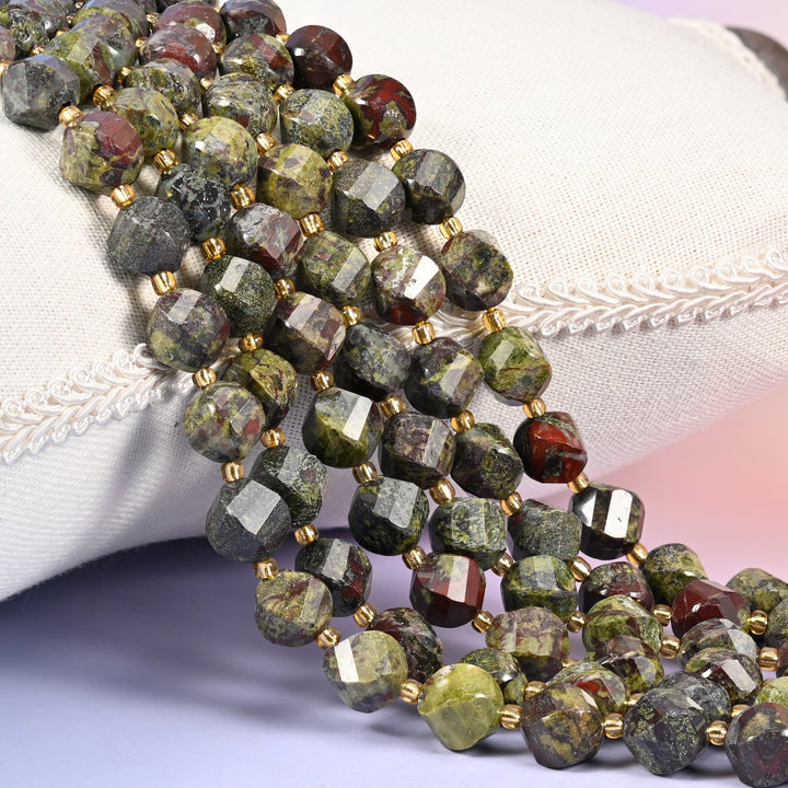 Dragon Bloodstone natural stone beads, 10mm faceted spiral twist, moss and olive green broken by deep red patches