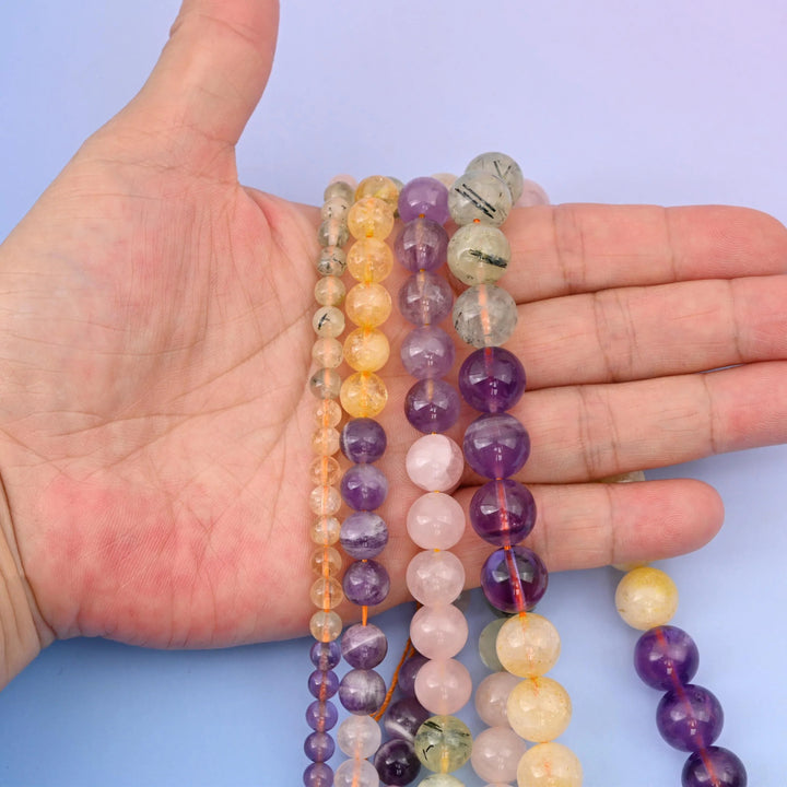 Prehnite, Rose Quartz, Amethyst and Citrine beads, round shape, 6mm to 12mm.