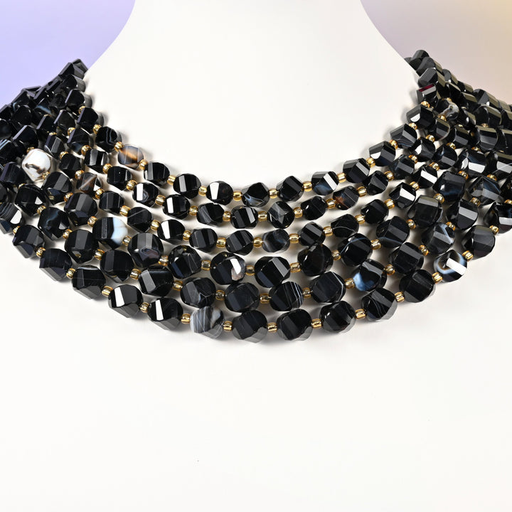 Dyed Black Strip Agate Faceted Spiral Twist Beads: Size 8mm 10mm, Jewelry Making, 15 inch Strand