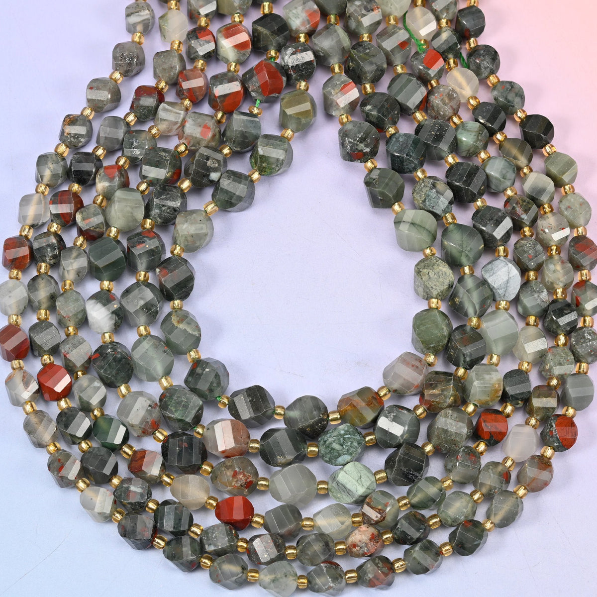 African Bloodstone Faceted Spiral Twist Beads 8mm 10mm, hole approximately 1.2mm with a possible variation of +/- 0.2mm