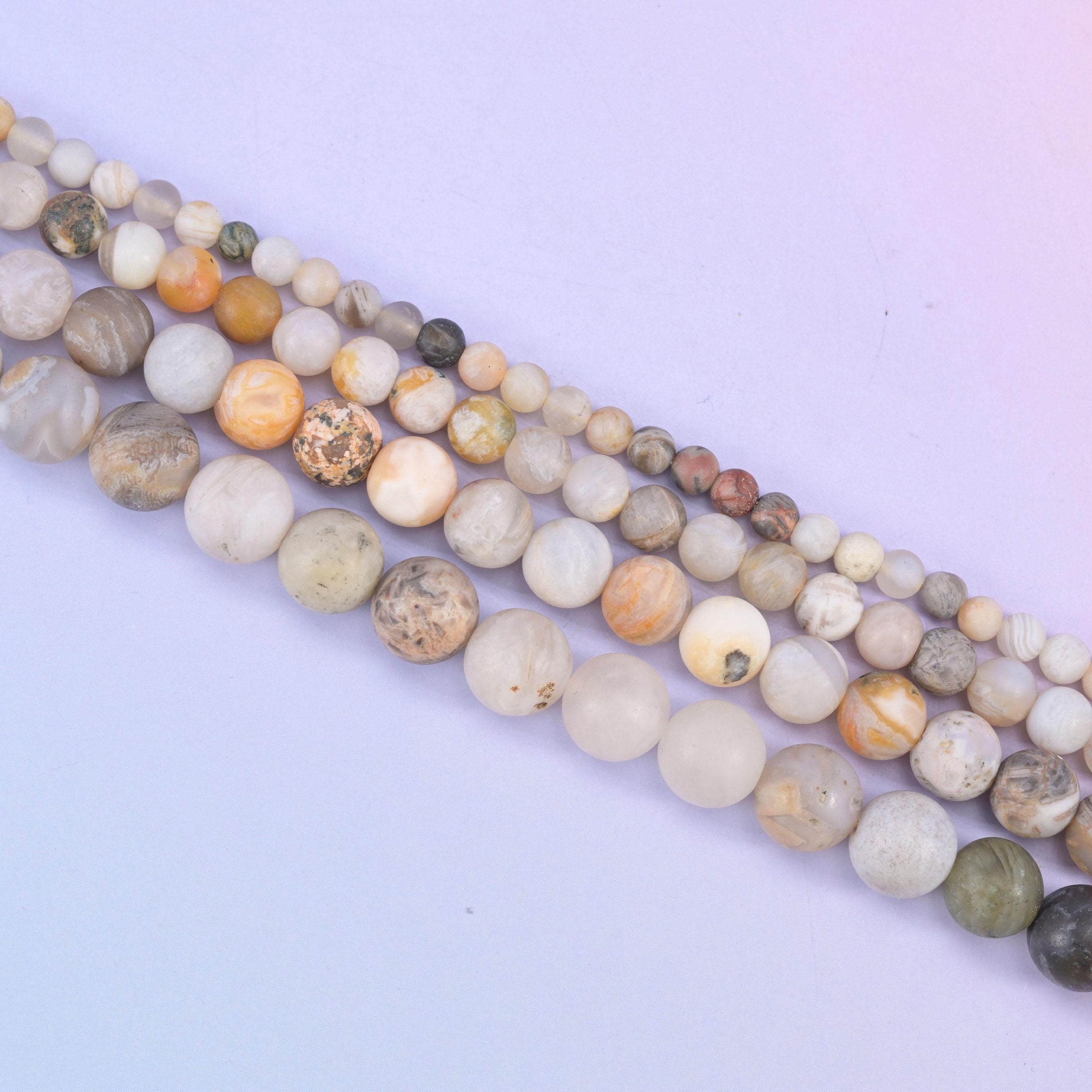 Bamboo Agate Matte Round Beads 4mm 6mm 8mm 10mm in bone white, cream and beige with honey, rust and grey-green striping