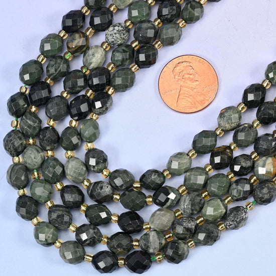 Kambaba jasper faceted rice barrel beads in bold, mottled green