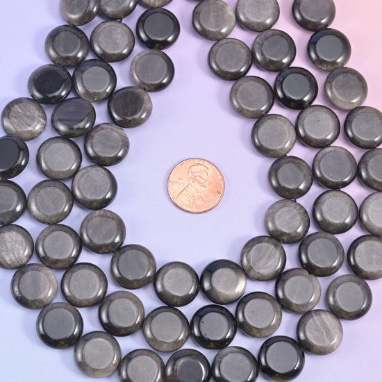Natural Silver Obsidian smooth coin beads for necklaces and bracelets
